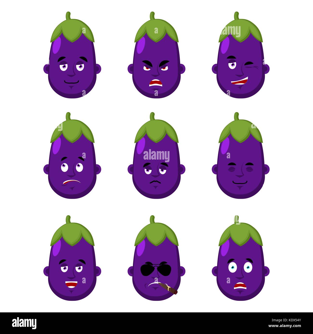 Eggplant face set. sleeping and evil emotion avatar. bewildered and sad