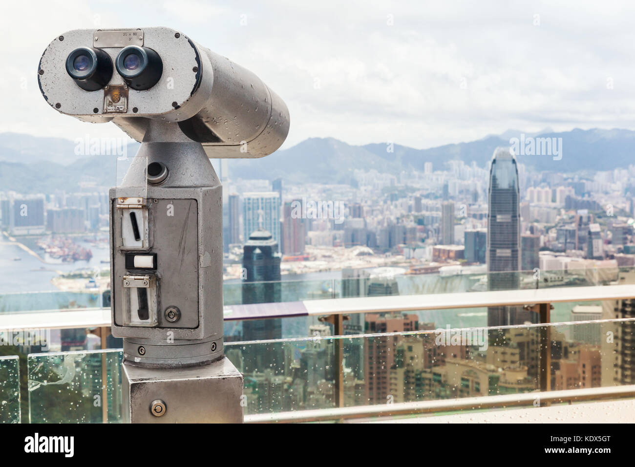 Tourist binocular telescope for Hong Kong city observation from Victoria Peak viewpoint Stock Photo