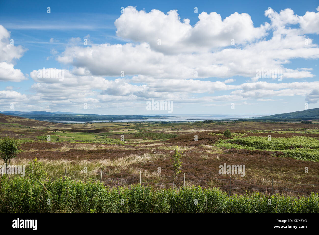 Looking down over the Cromarty Firth and Cromarty Bridge, from the A832 in the Highlands of Scotland, on a clear summer day. Stock Photo