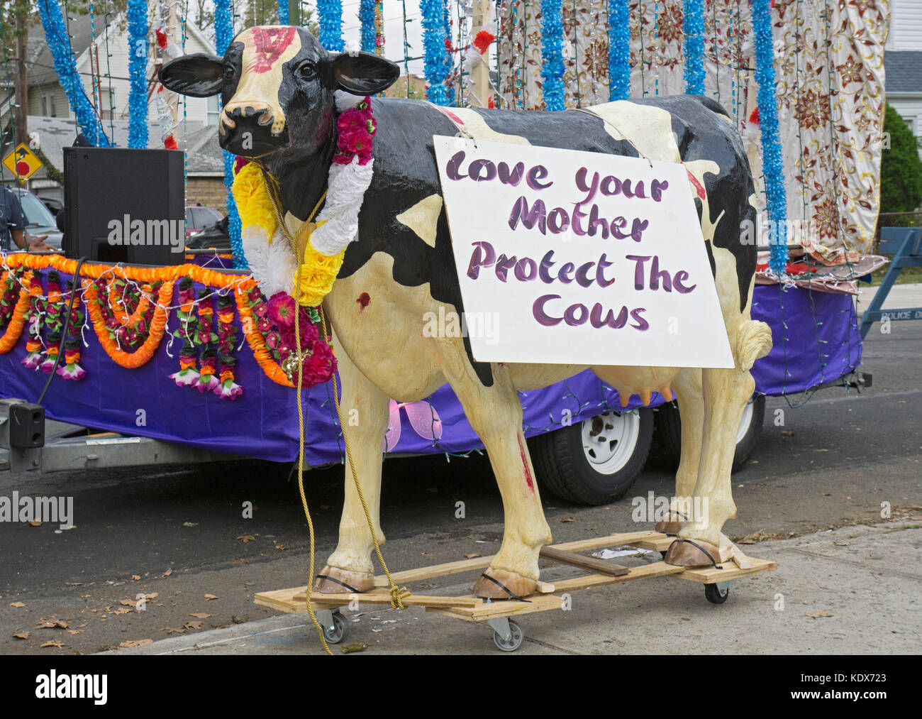 A float in the Diwali Motorcade expressing reverence for cows in Richmond Hill, Queens, New York. Stock Photo