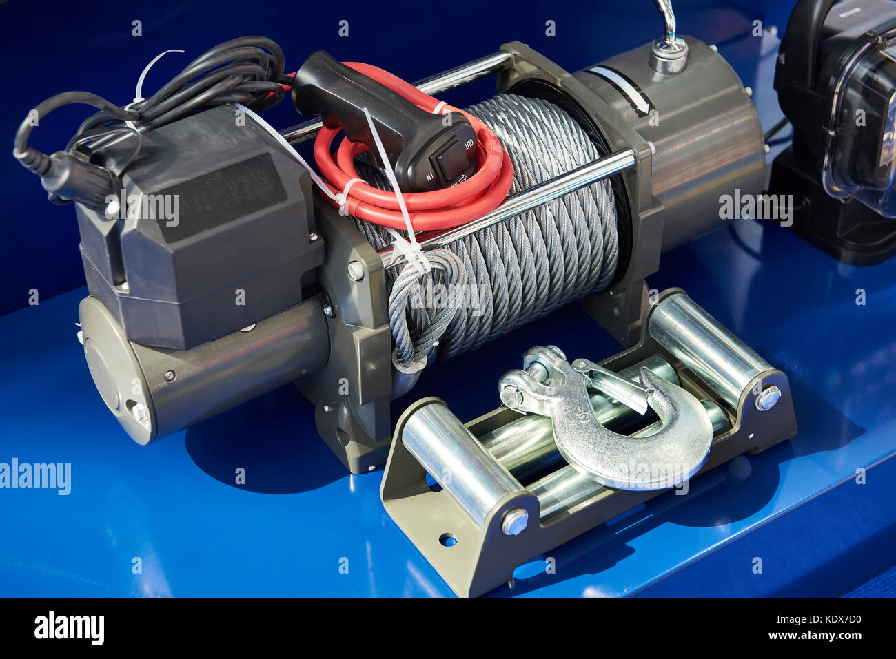 Car Winch with a steel cable and a hook Stock Photo