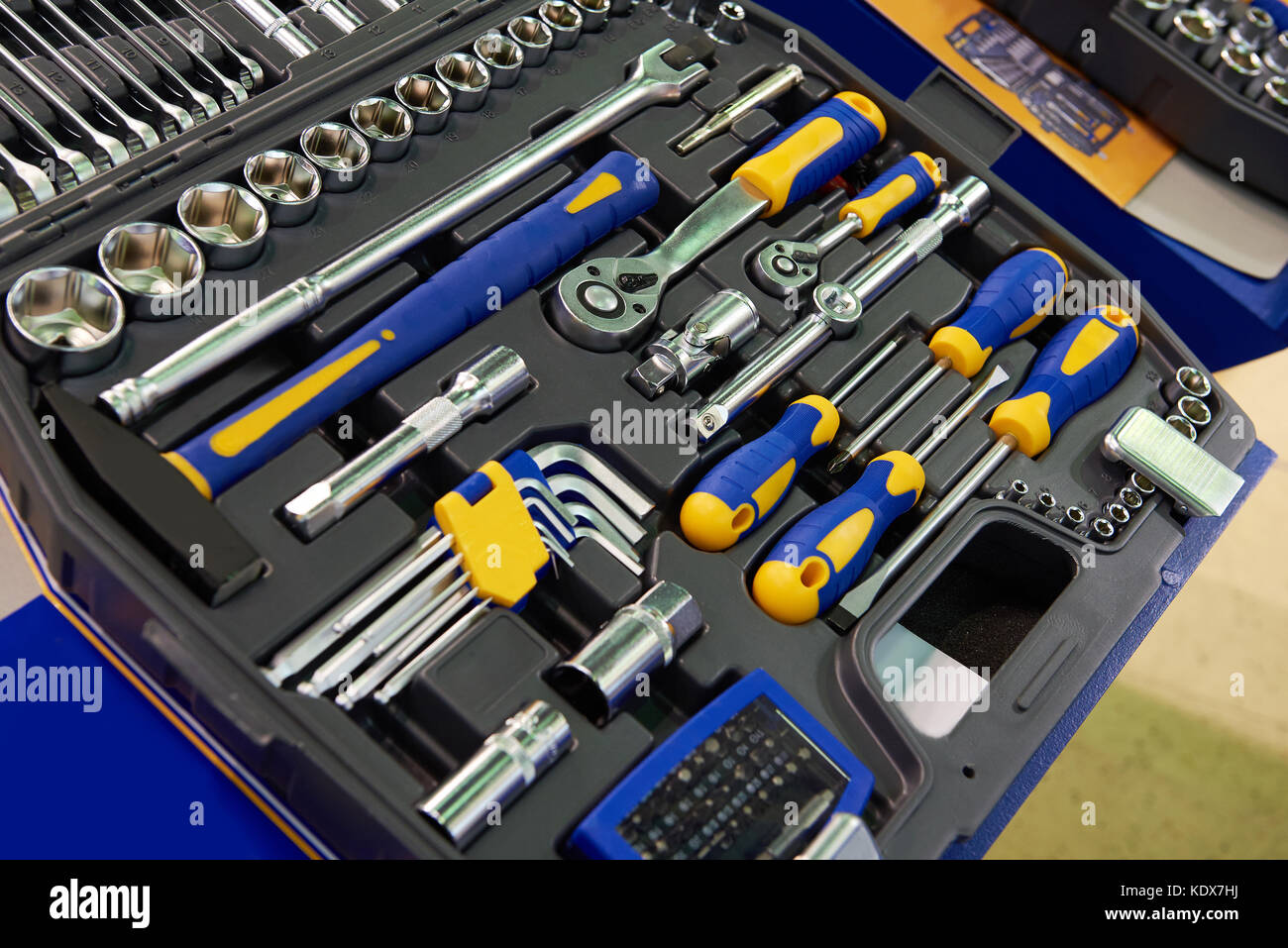 Tool kit socket wrenches in plastic box closeup Stock Photo Alamy