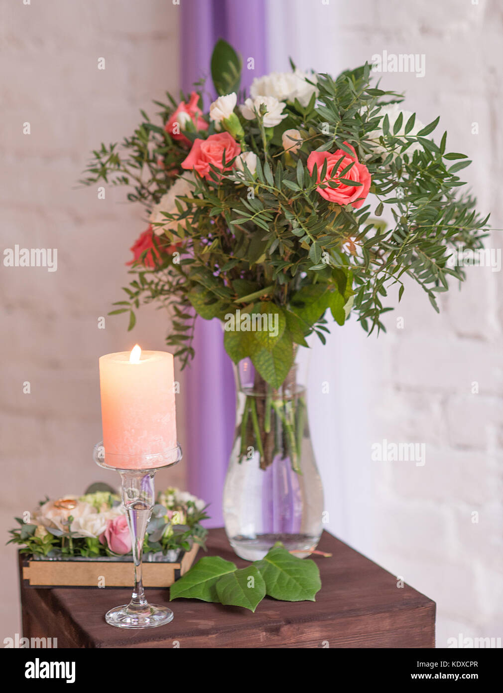 Colorful Flower Bouquet Arrangement Centerpiece In Vase On Wooden