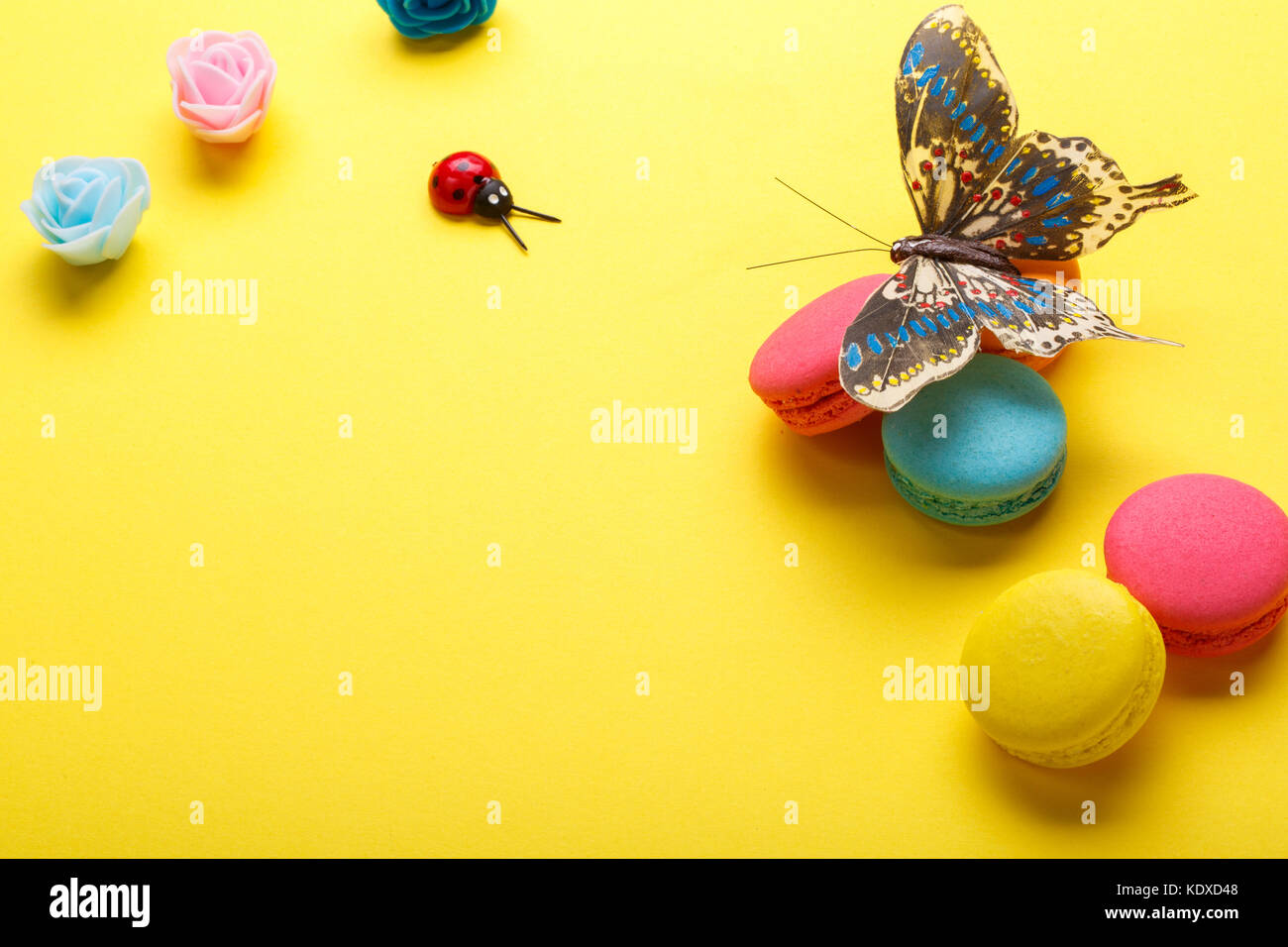 A photo of various macaroons and a butterfly, roses, ladybug. shot from ...
