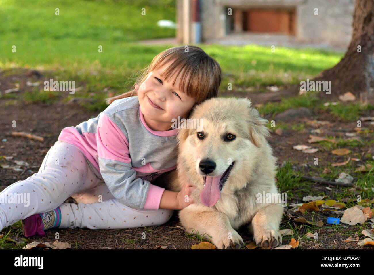 Portrait of a young blond girl child cuddling white puppy outdoors in ...