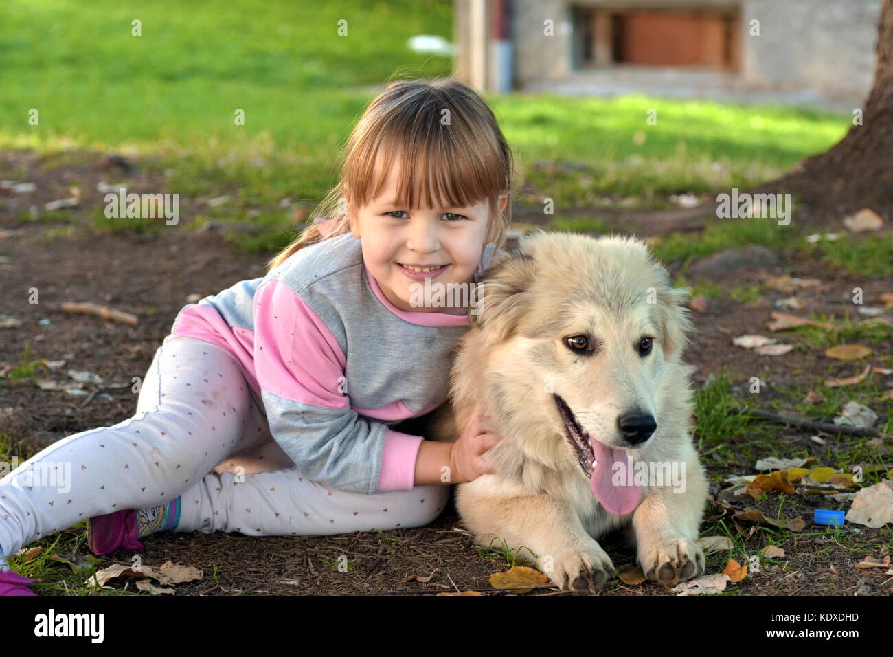Portrait of a young blond girl child cuddling white puppy outdoors in ...