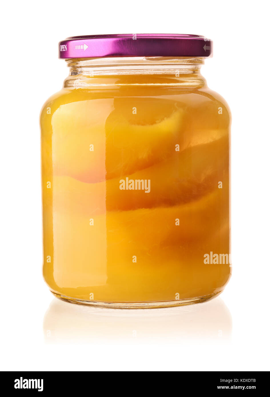 Front view of sliced mangos in natural syrup jar isolated on white Stock Photo