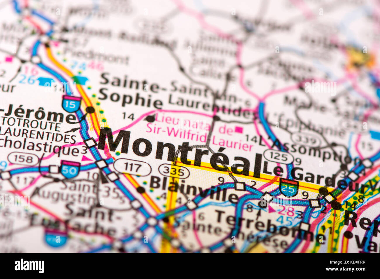 Closeup of Montréal, Québec on a political map of Canada. Stock Photo