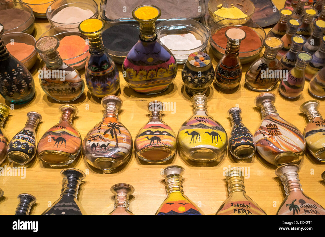 Close up of desert sand jars from Petra, hotel lobby shop, Wadi Musa, Jordan, Middle East Stock Photo