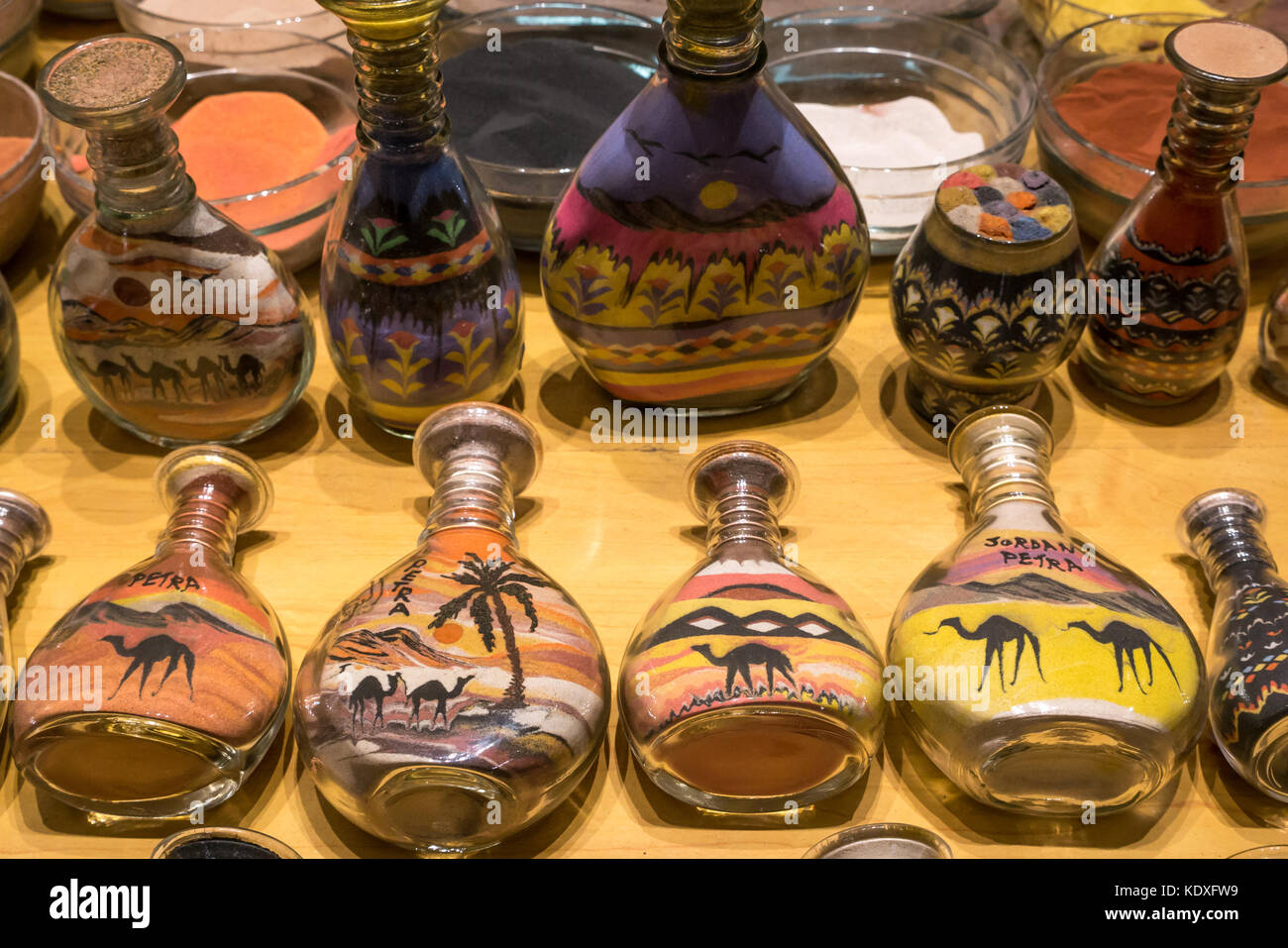 Close up of desert sand jars from Petra, hotel lobby shop, Wadi Musa, Jordan, Middle East Stock Photo