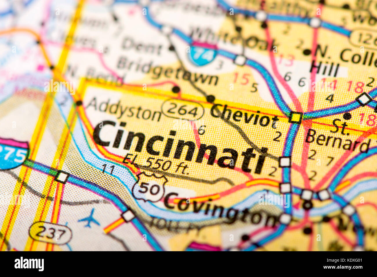 Closeup of Cincinnati, Ohio on a political map of the United States. Stock Photo