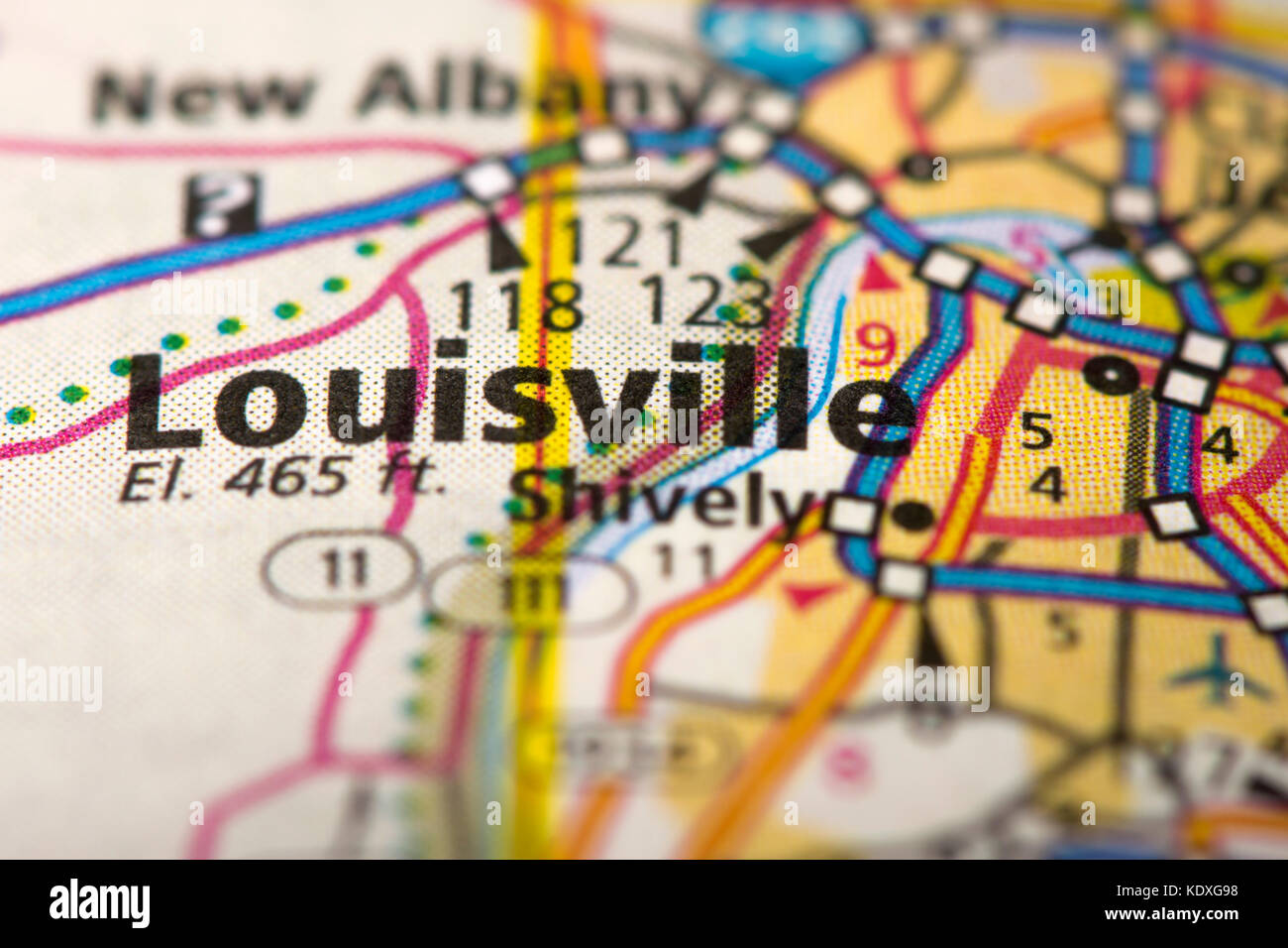 Closeup of Louisville, Kentucky on a road map of the United States Stock Photo Alamy