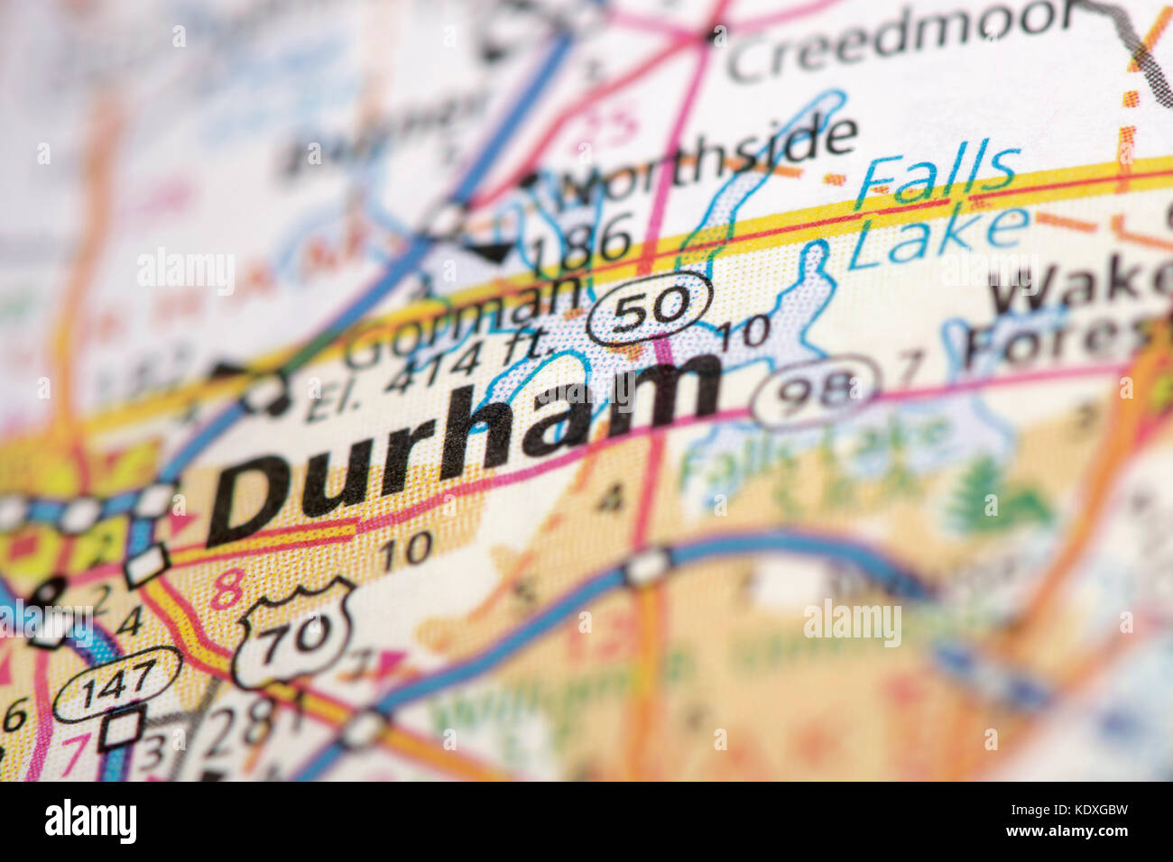 Closeup of Durham, North Carolina on a road map of the United States