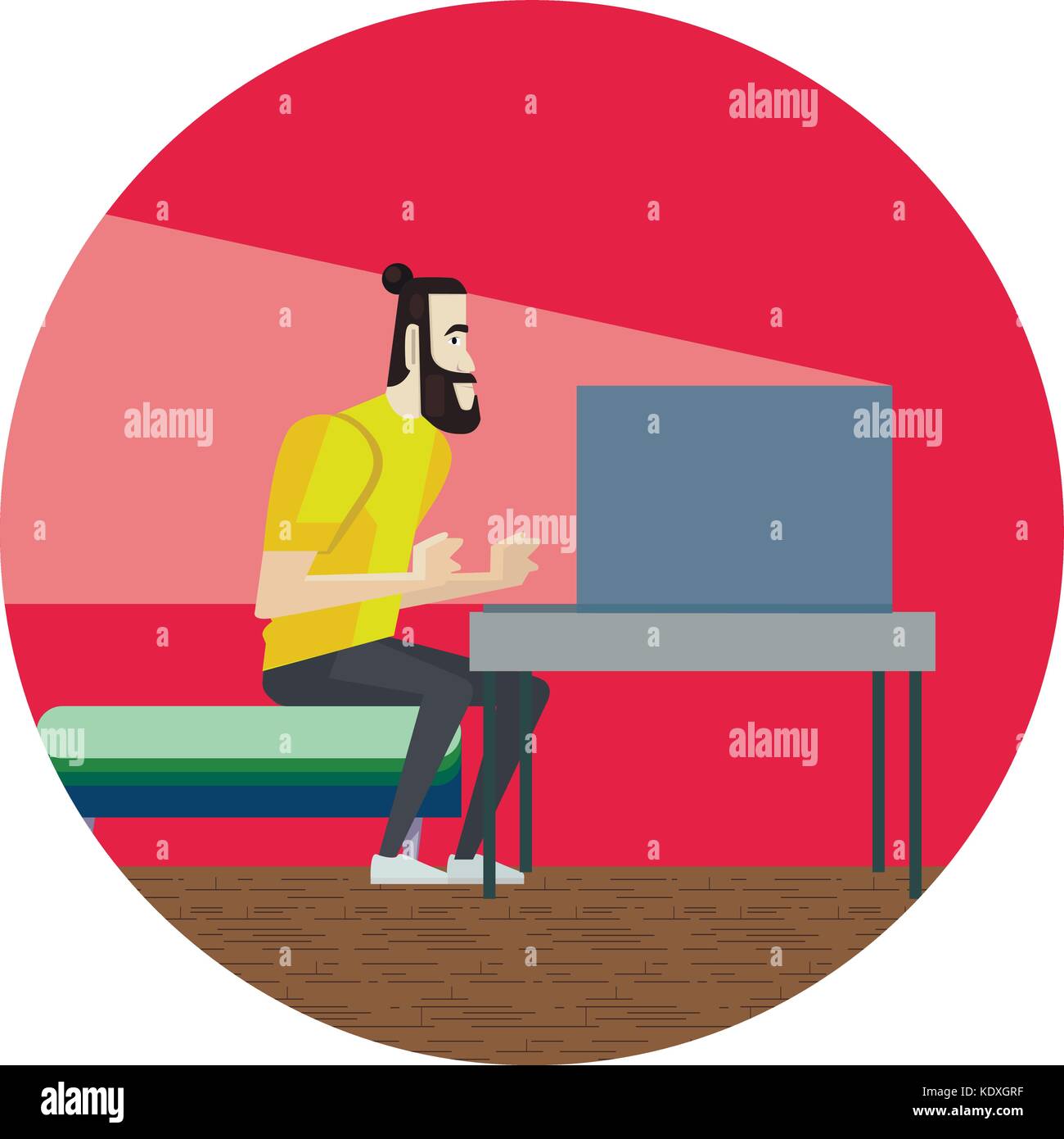 Funny Cartoon Character. Bearded Hipster Sitting in the Room and Working with Laptop. Vector Illustration Stock Vector