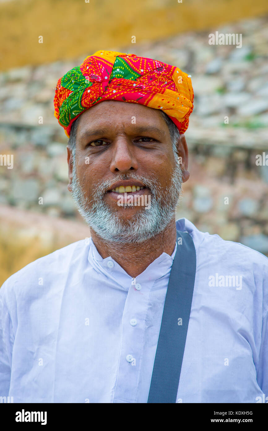 Jaipur, India - September 19, 2017: Portrait of an unidentified Indian man with beard and a coorful hat on the streets of Jaipur, India Stock Photo