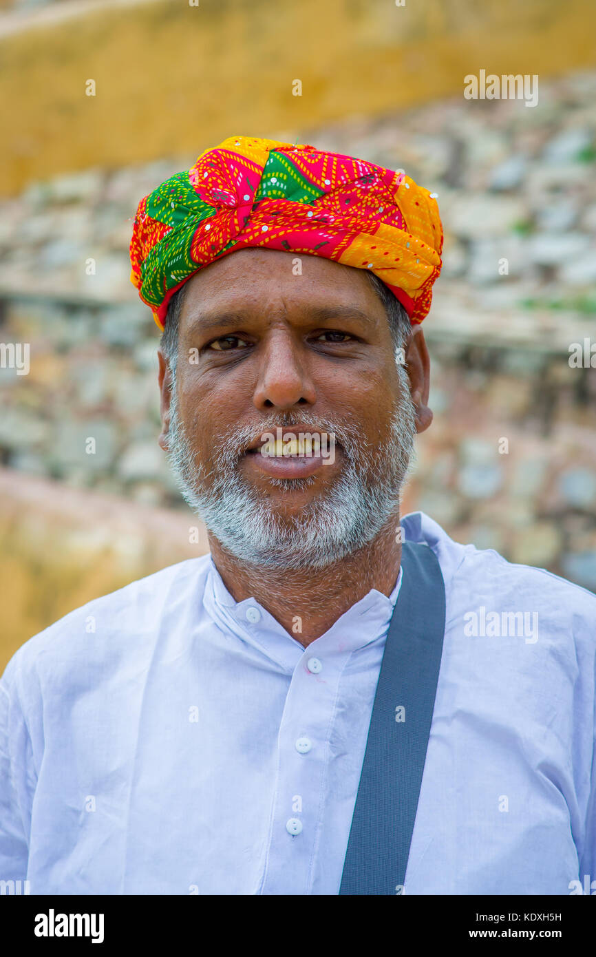 Jaipur, India - September 19, 2017: Portrait of an unidentified Indian man with beard and a coorful hat on the streets of Jaipur, India Stock Photo