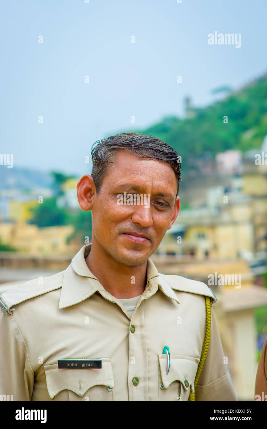Jaipur, India - September 19, 2017: Portrait of an unidentified Indian man wearing a jacket color kaki, on the streets of Jaipur, India Stock Photo