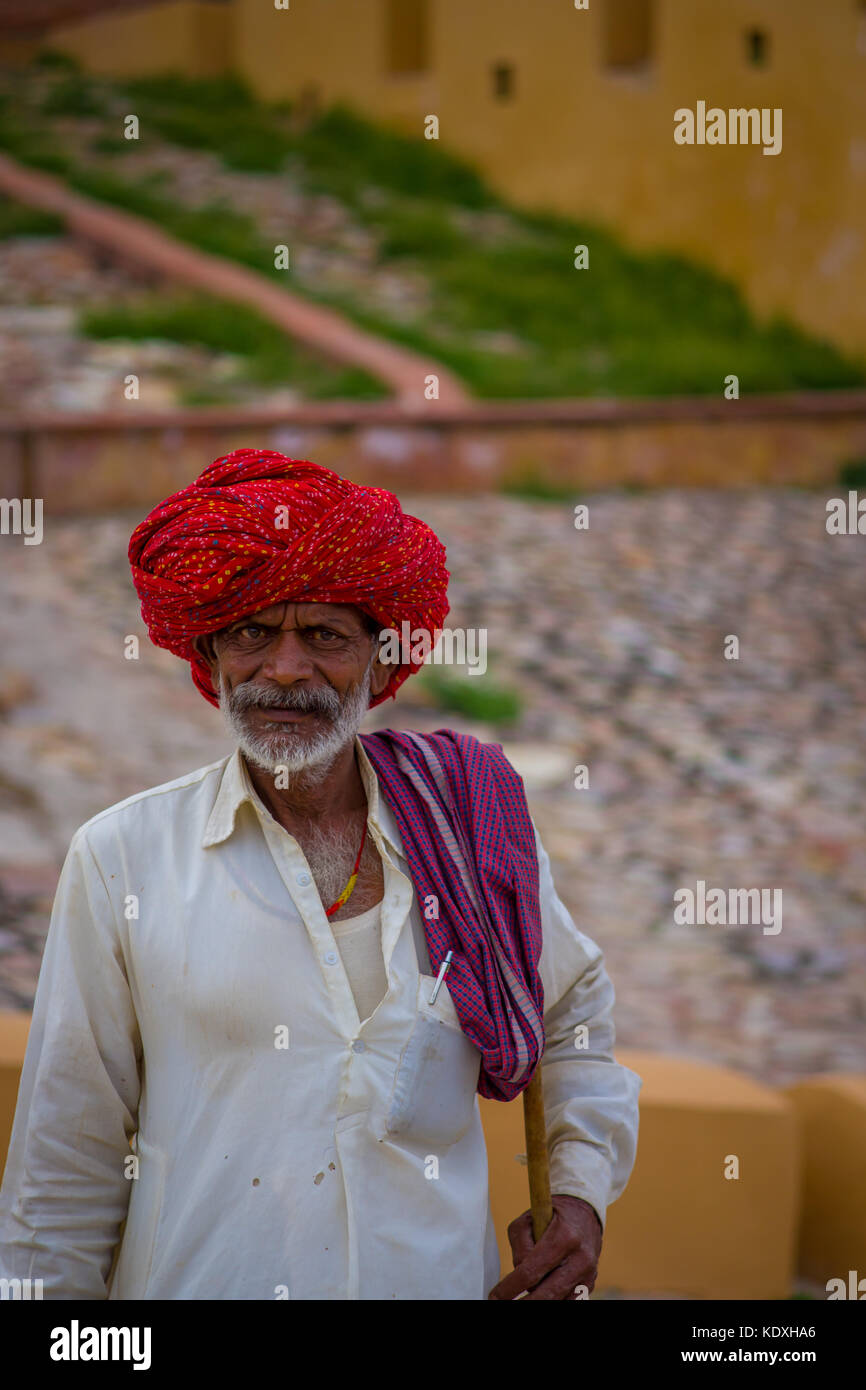 Jaipur, India - September 19, 2017: Close up of an unidentified Indian man with beard, wearin a red turban on the streets of Jaipur, India Stock Photo