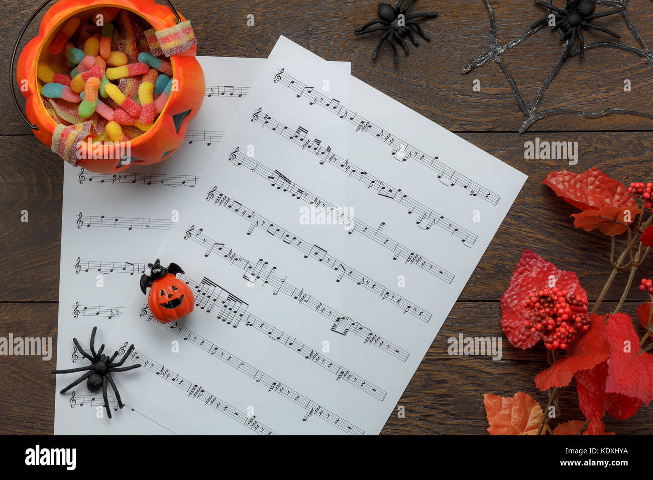 Top View Of Happy Halloween Festival And Music Note Sheet