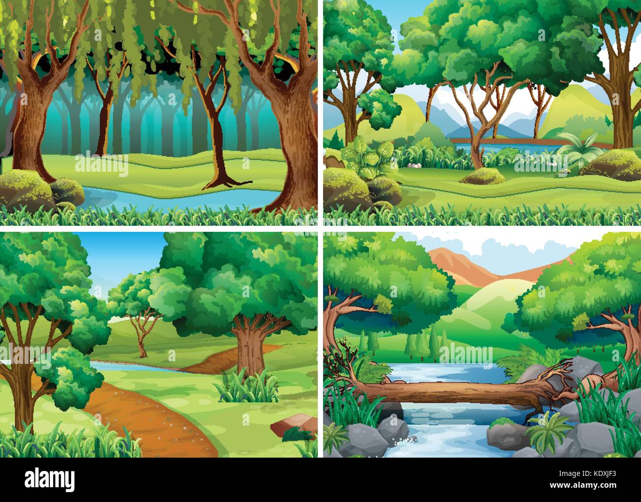 Four scenes of forest and river illustration Stock Vector Image & Art ...