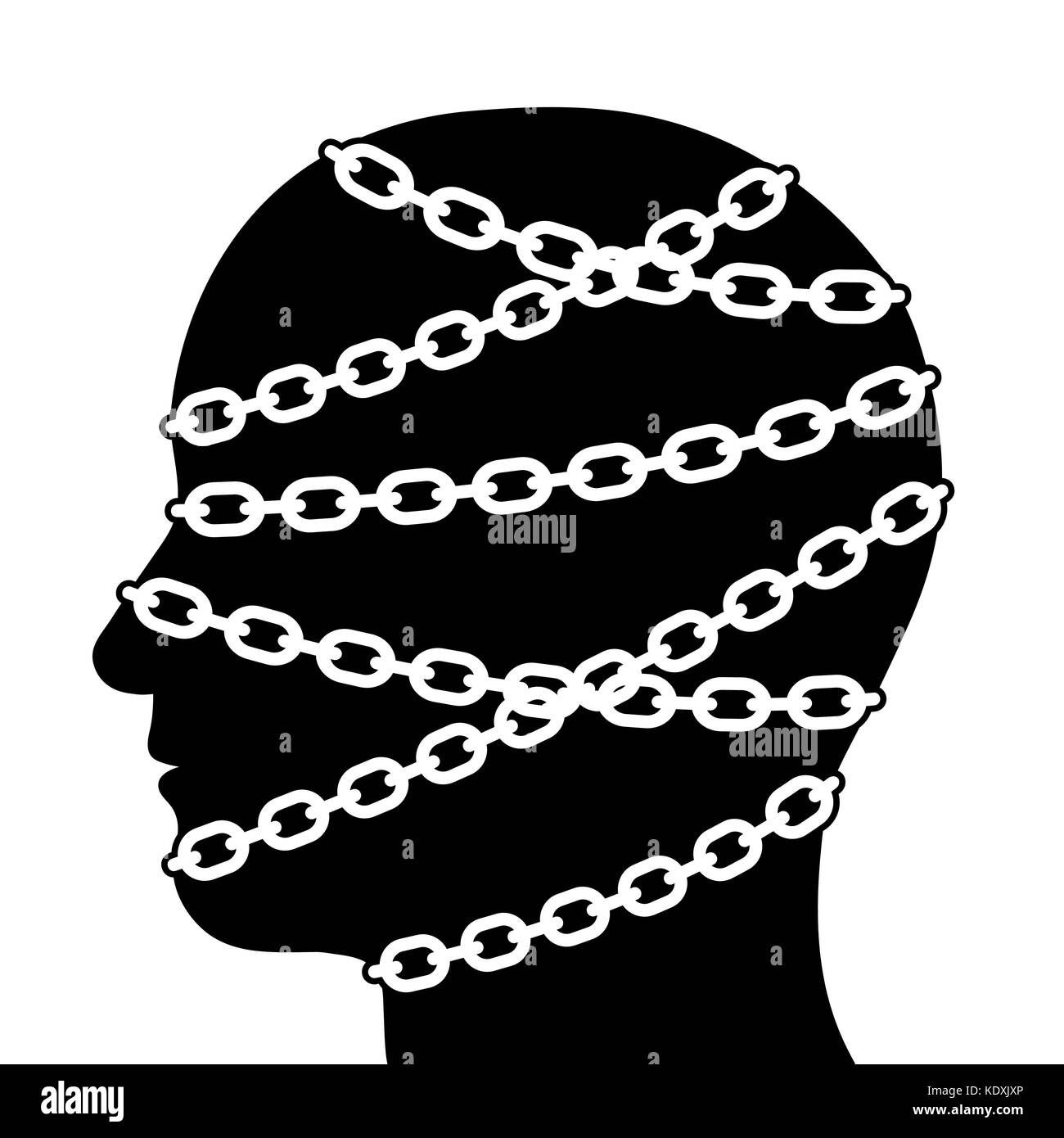 Close up Silhouette Human Head in Side View Isolated with Chains on White Background. Vector Illustration. Stock Vector