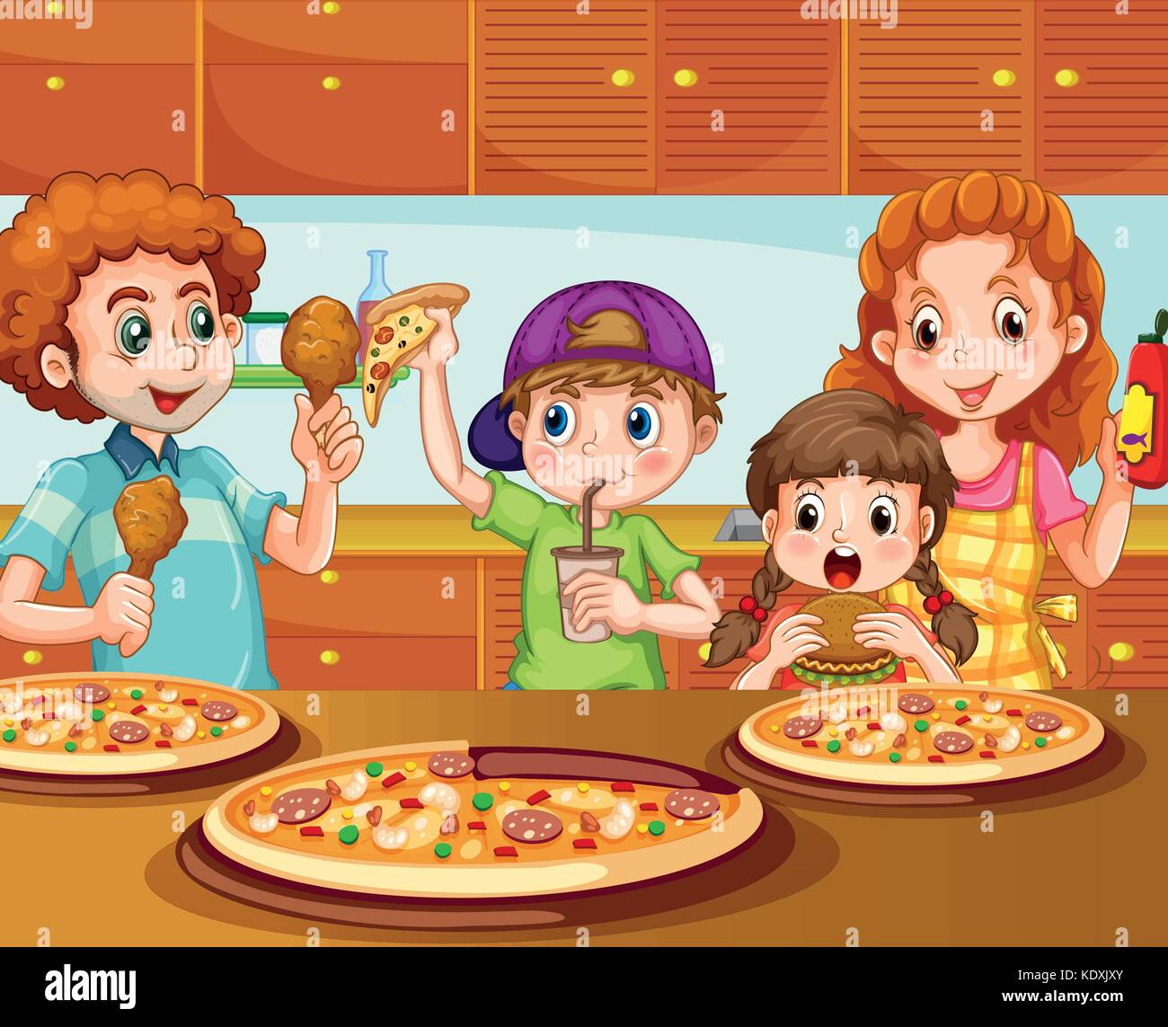 Family having pizza in kitchen illustration Stock Vector