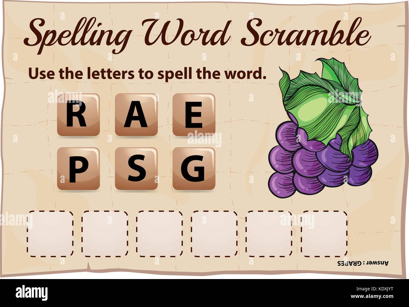 Spelling word scramble game for word grapes illustration Stock Vector
