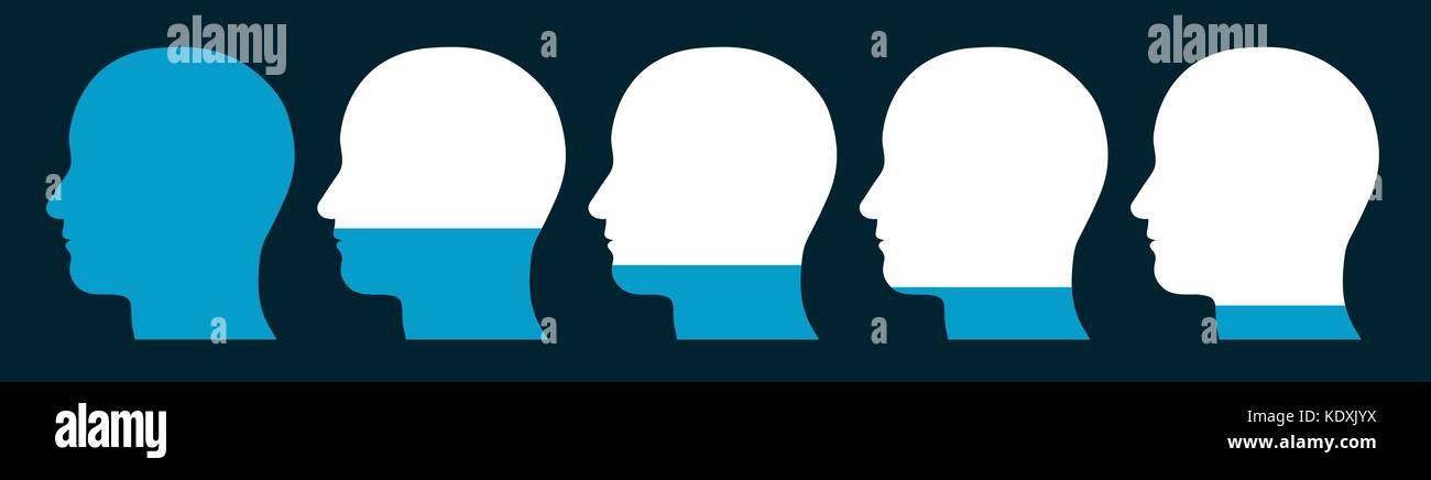 Conceptual illustration of a row of silhouetted male heads showing a decreasing level of memory forgetting curve Stock Vector