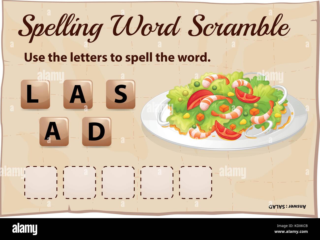 Spelling word scramble game template with word salad illustration Stock