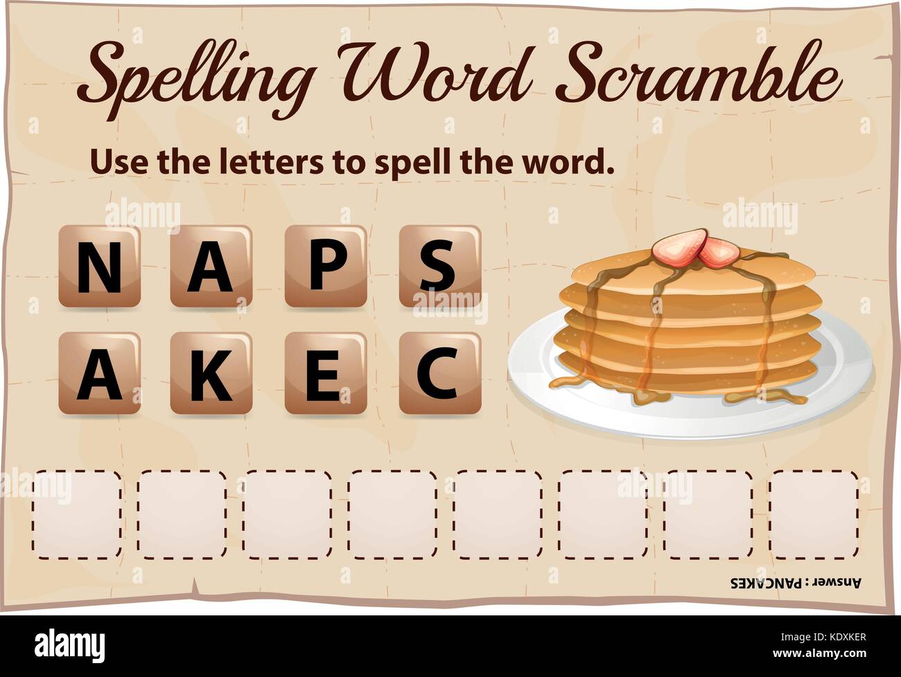 Spelling word scramble template with word pancake illustration Stock