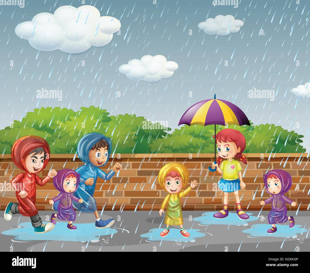 Many children running in the rain illustration Stock Vector Image & Art ...
