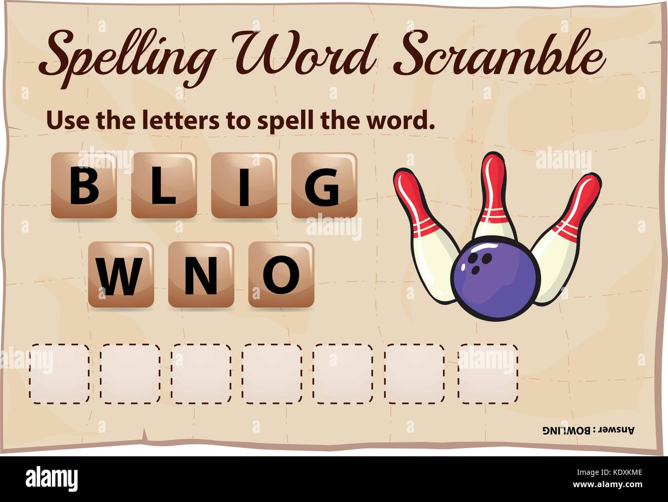 Spelling word scramble game template with word bowling illustration
