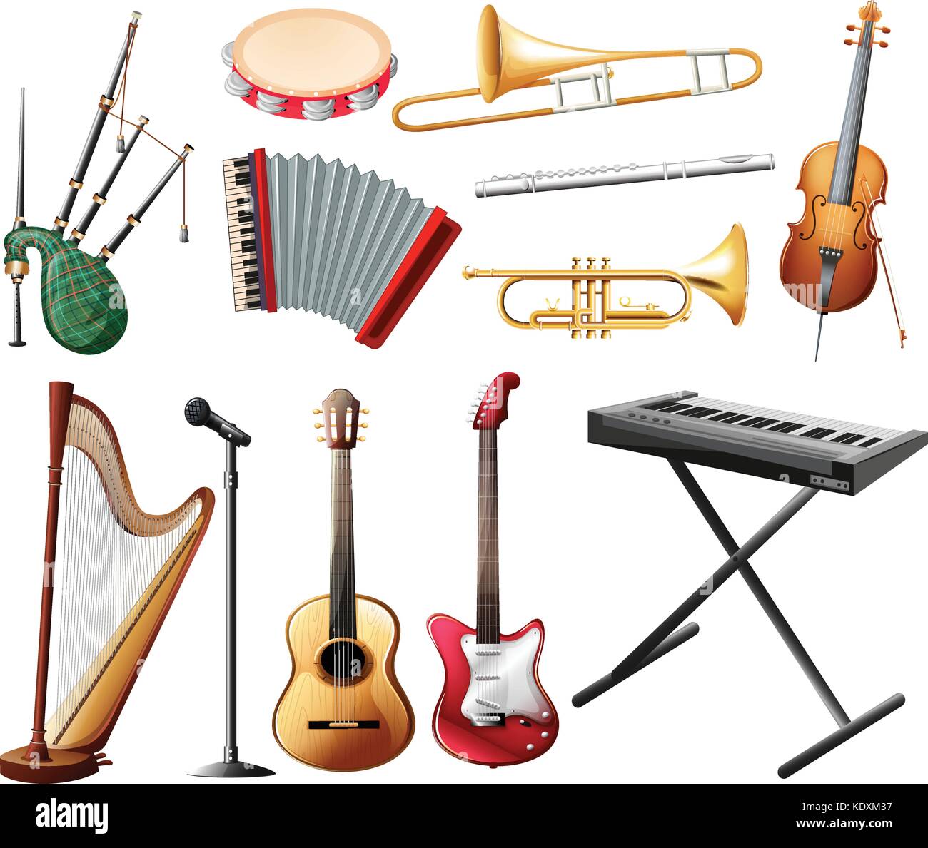 Different types of musical instrument on white illustration Stock