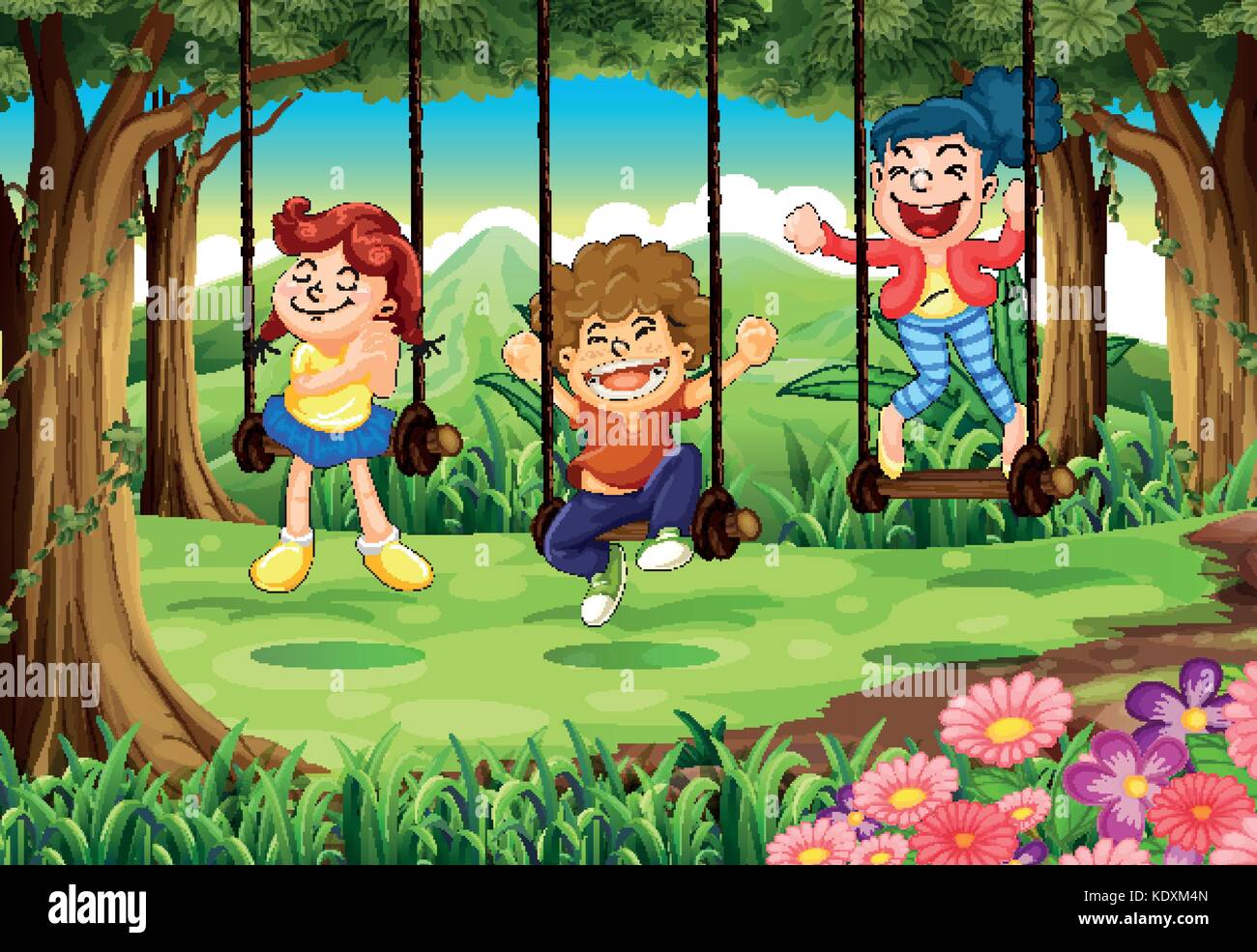Three kids on swings in the woods illustration Stock Vector Image & Art ...