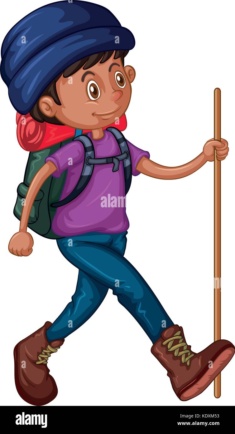 Man with backpack and walking stick illustration Stock Vector Image