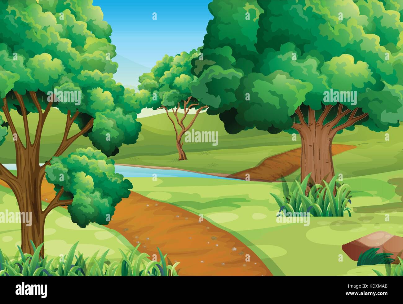 Scene with trees along the trail illustration Stock Vector Image & Art ...