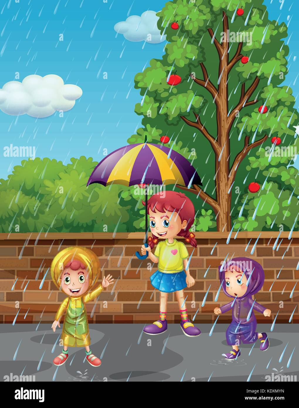  Rainy season with three kids in the rain illustration Stock Vector 