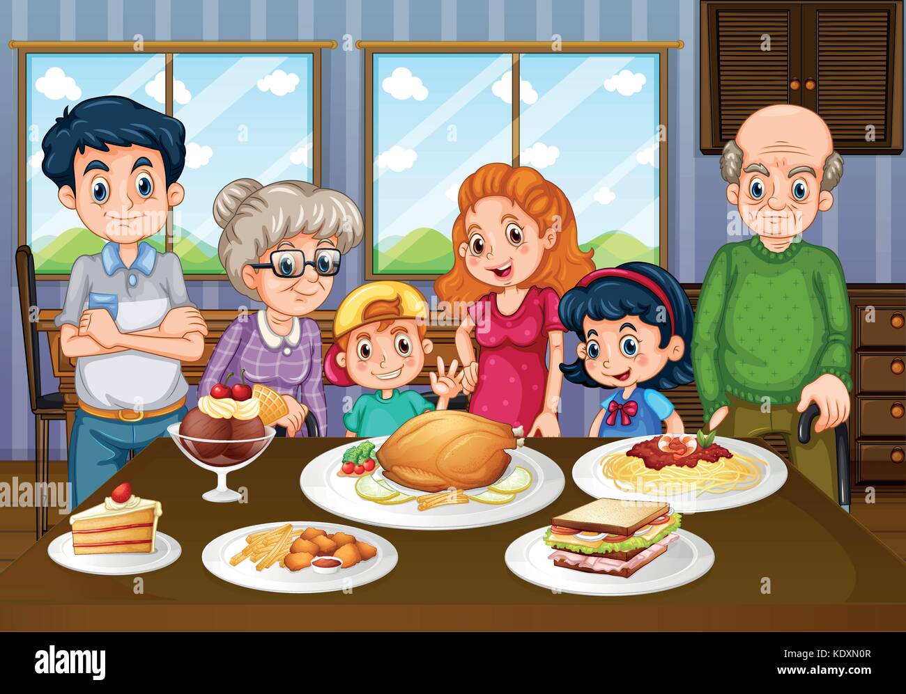 Family having meal together in dining room illustration Stock Vector