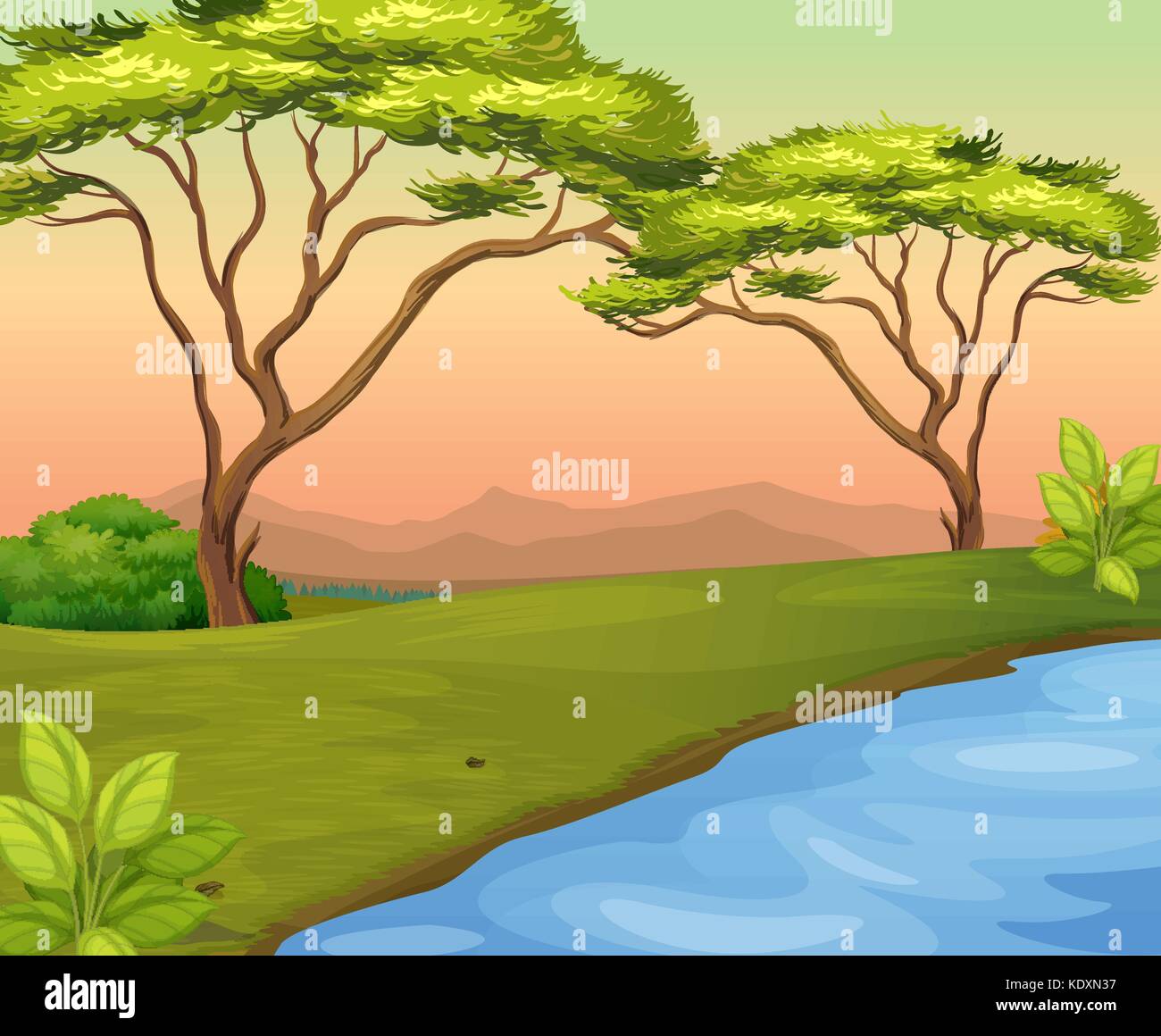 River scene with trees in the field illustration Stock Vector Image ...