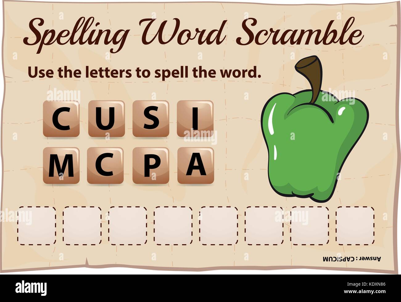 Spelling word scramble template for word capsicum illustration Stock