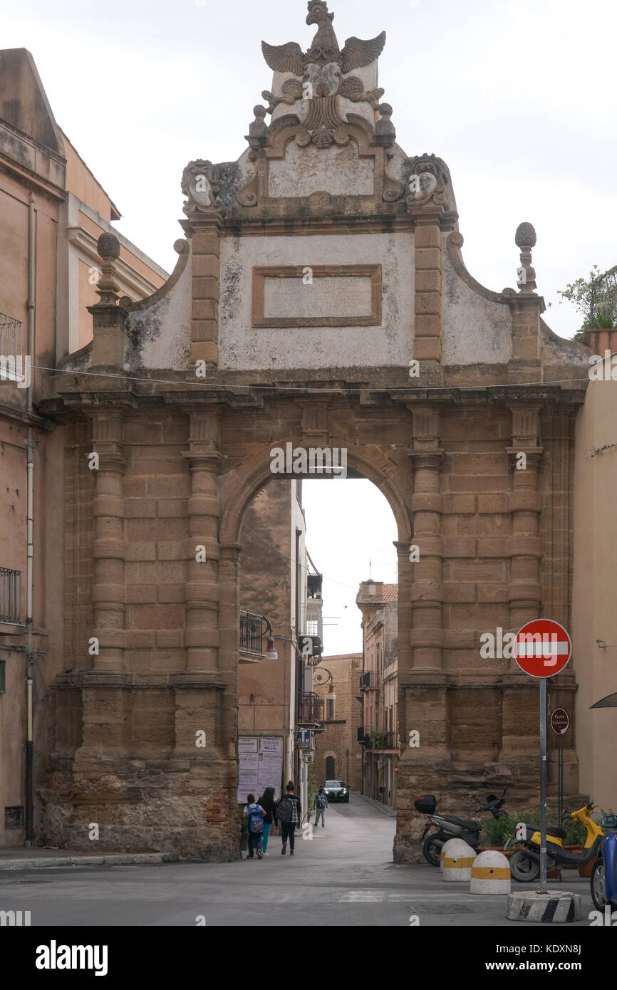 The Porta Palermo city gate in Sciacca. From a series of travel photos in Sicily, Italy. Photo date: Tuesday, October 3, 2017. Photo credit should rea Stock Photo