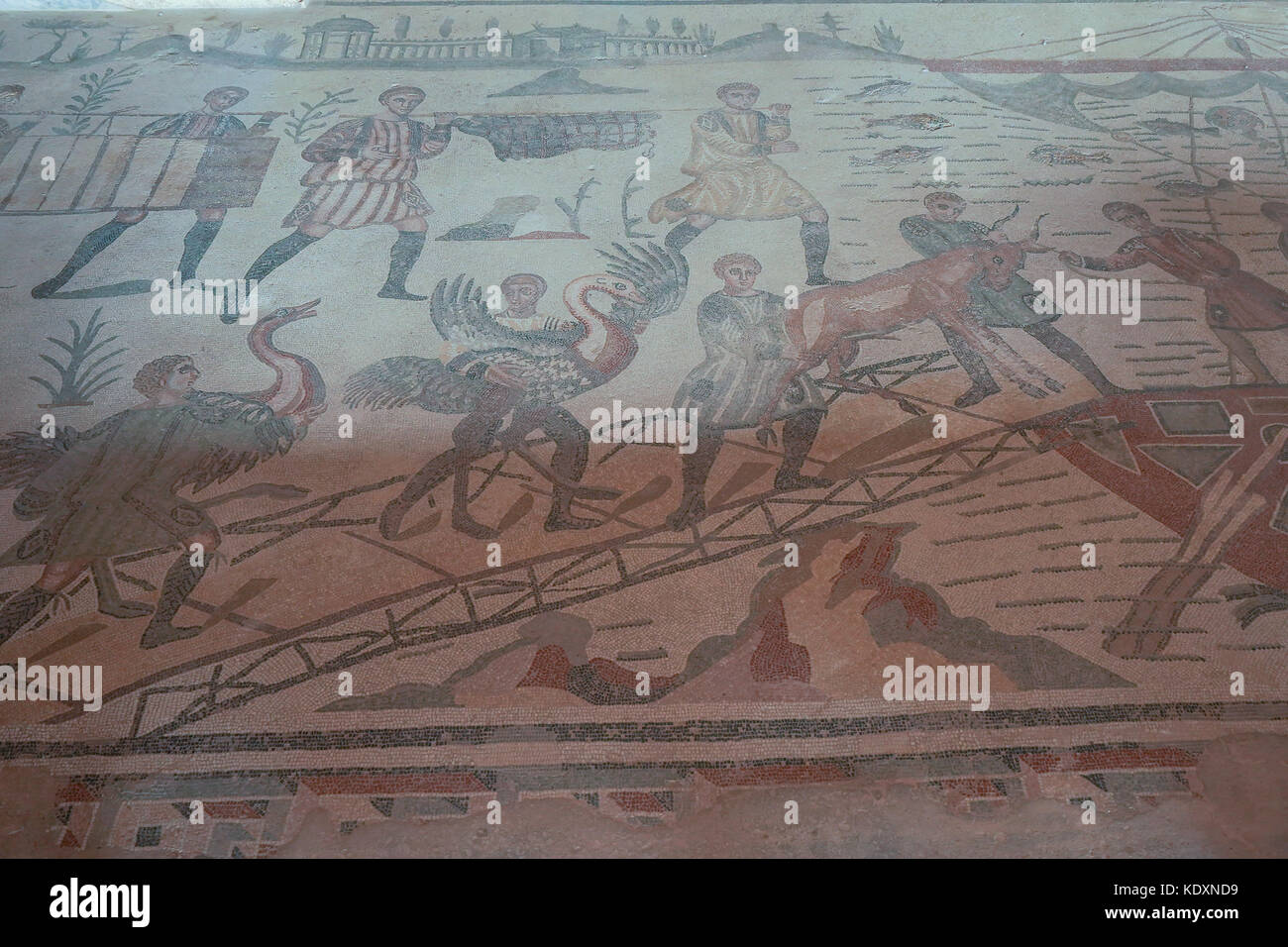 A view of Roman mosaics depicting the capture of animals in Africa from ...