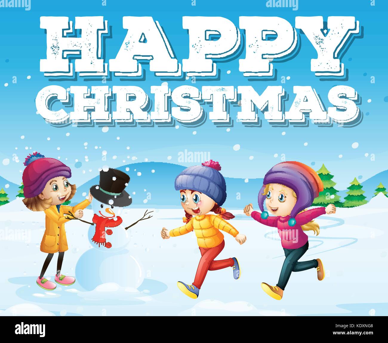 Happy christmas with kids in snowfield illustration Stock Vector
