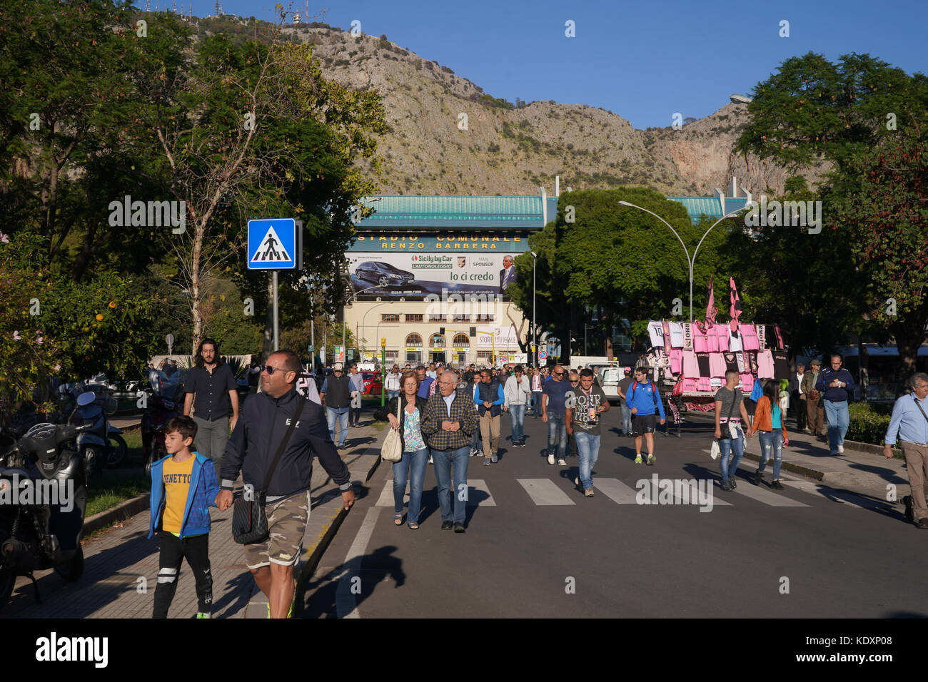 Fans leaving the stadio Renzo Barbera, the home ground of U.S. Cite di Palermo football club, after a Serie B match against Parma. From a series of tr Stock Photo