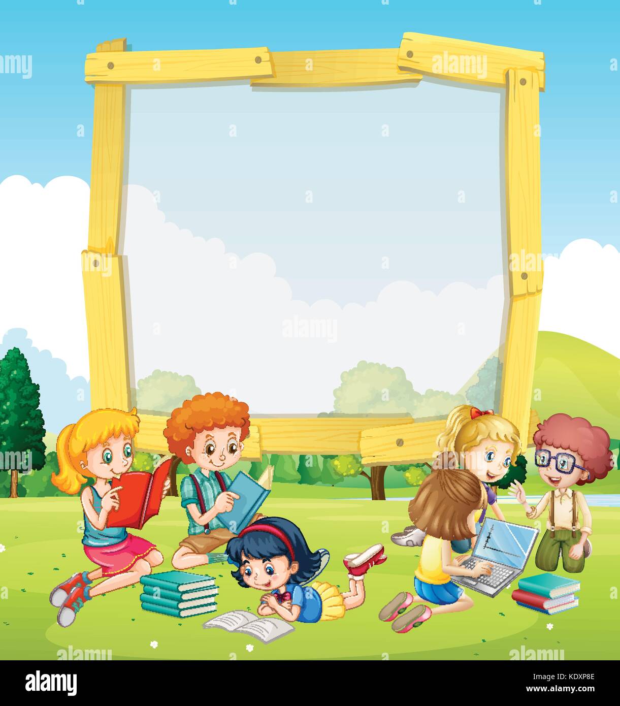 Border template with kids reading illustration Stock Vector Art