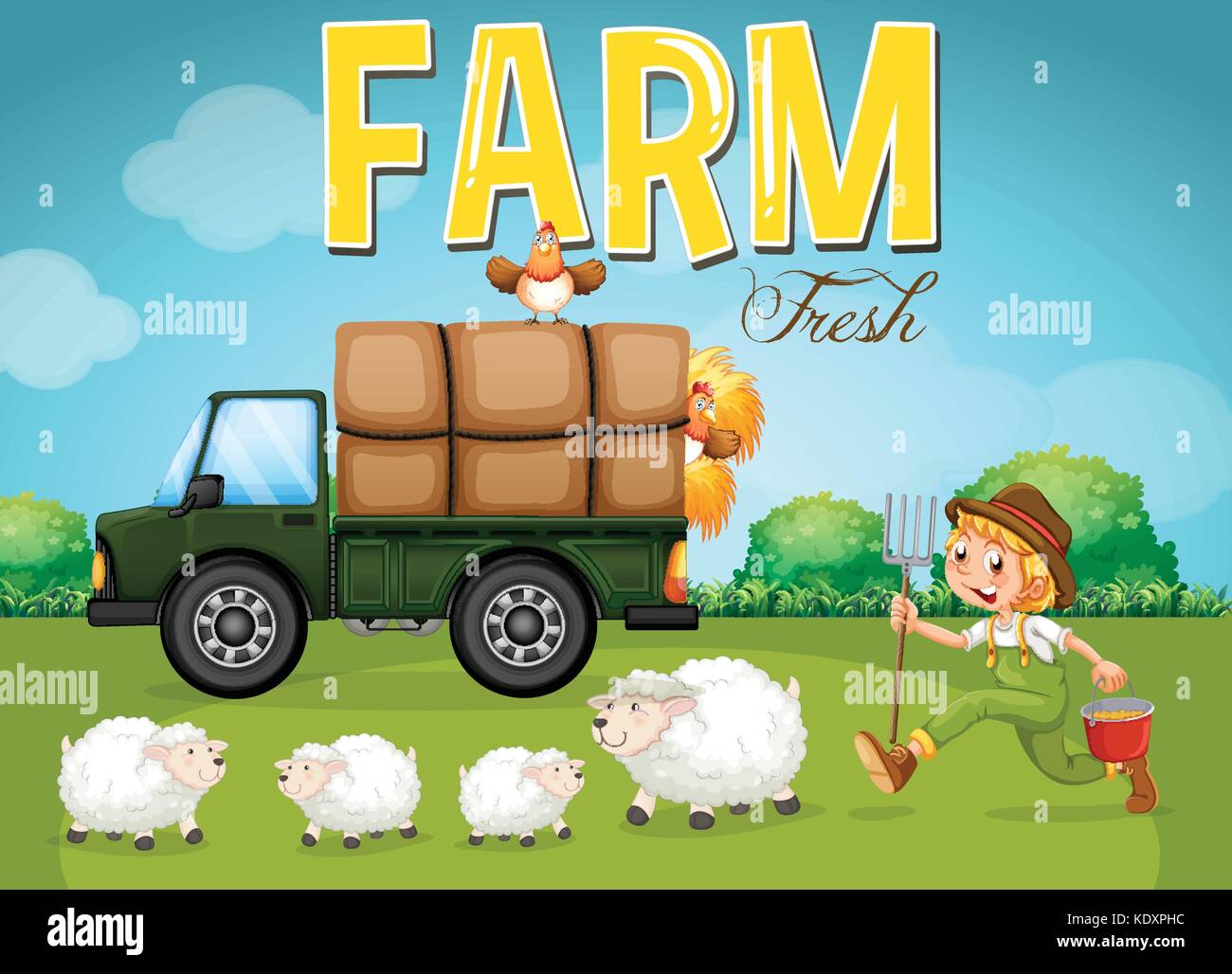 Farm scene with farmer and sheeps illustration Stock Vector Image & Art ...