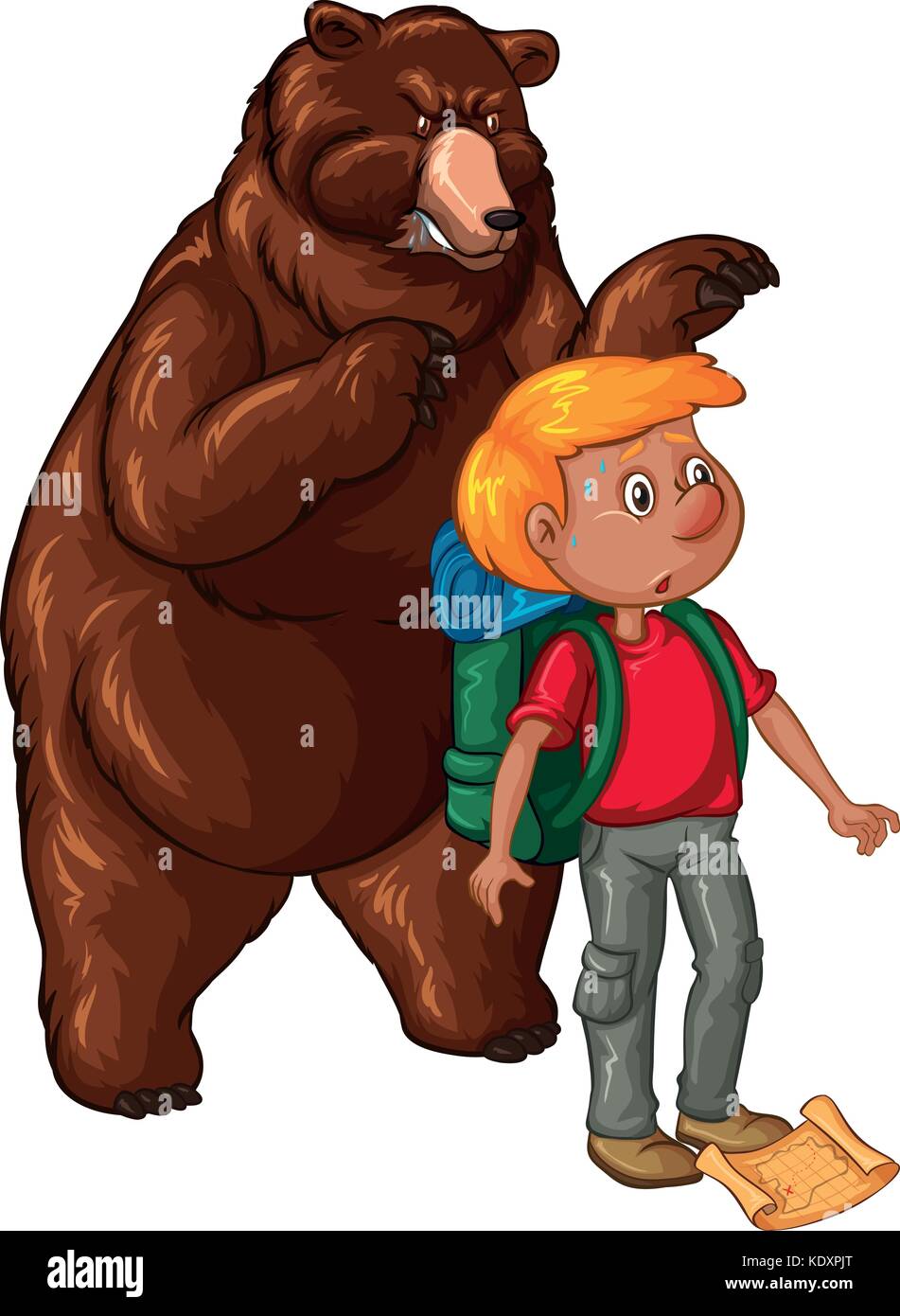 Big bear and terrified hiker illustration Stock Vector