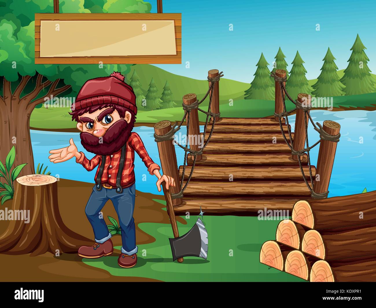 Lumber Jack chopping wood in forest illustration Stock Vector Image ...