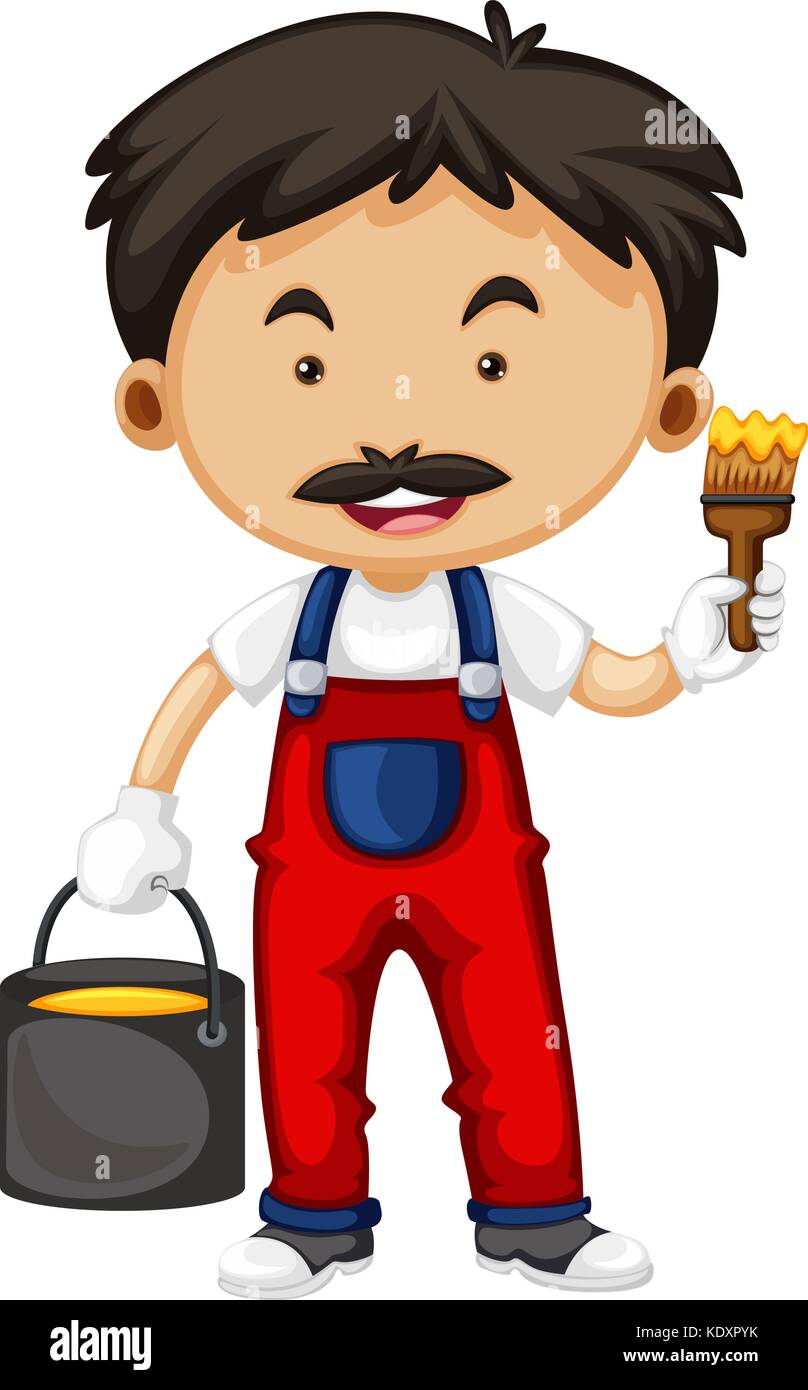 Painter holding brush and bucket of paint illustration Stock Vector ...