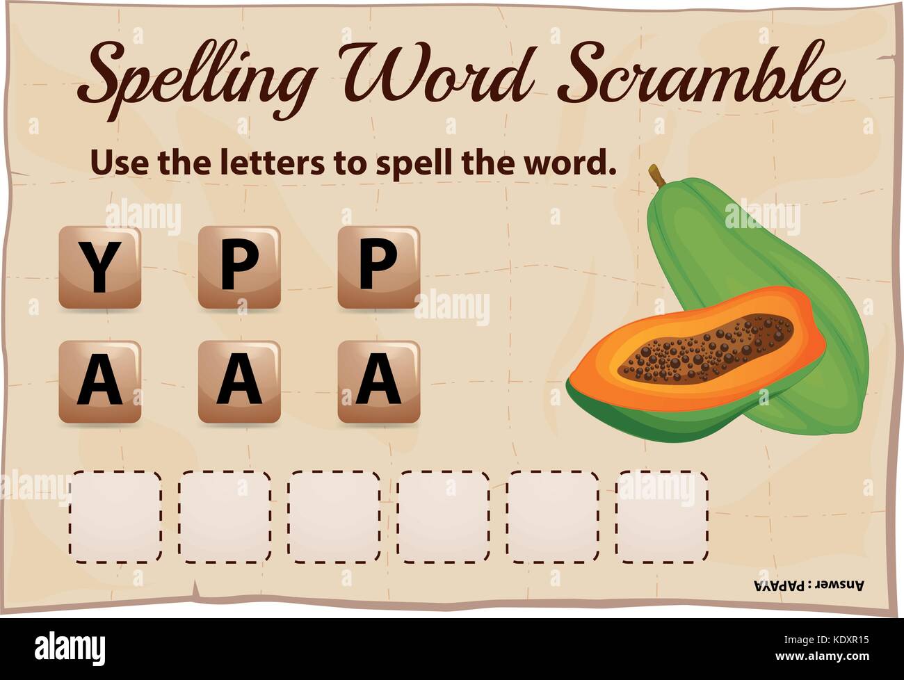 Spelling word scramble game with word papaya illustration Stock Vector